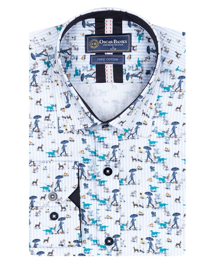 Rainy Day Dog Walk Stripe Print with Matching Handkerchief-Makrom