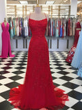 Red Backless Mermaid Lace Prom Dresses, Red Backless Lace Formal Graduation Evening Dresses