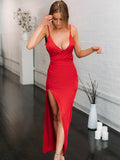 Red Mermaid Prom Dresses with High Slit, Red Mermaid Formal Graduation Evening Dresses