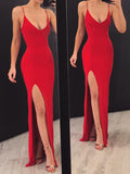 Red Mermaid Prom Dresses with Spaghetti Straps, Red Floor Length Mermaid Evening Formal Dresses