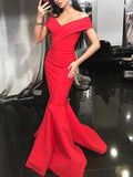 Red Mermaid V Neck Off Shoulder Floor Length Prom Dresses, Mermaid Evening Dresses, V Neck Formal Dresses