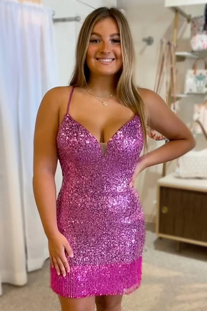 Red Sequins V Neck Tight Homecoming Dress with Fringes