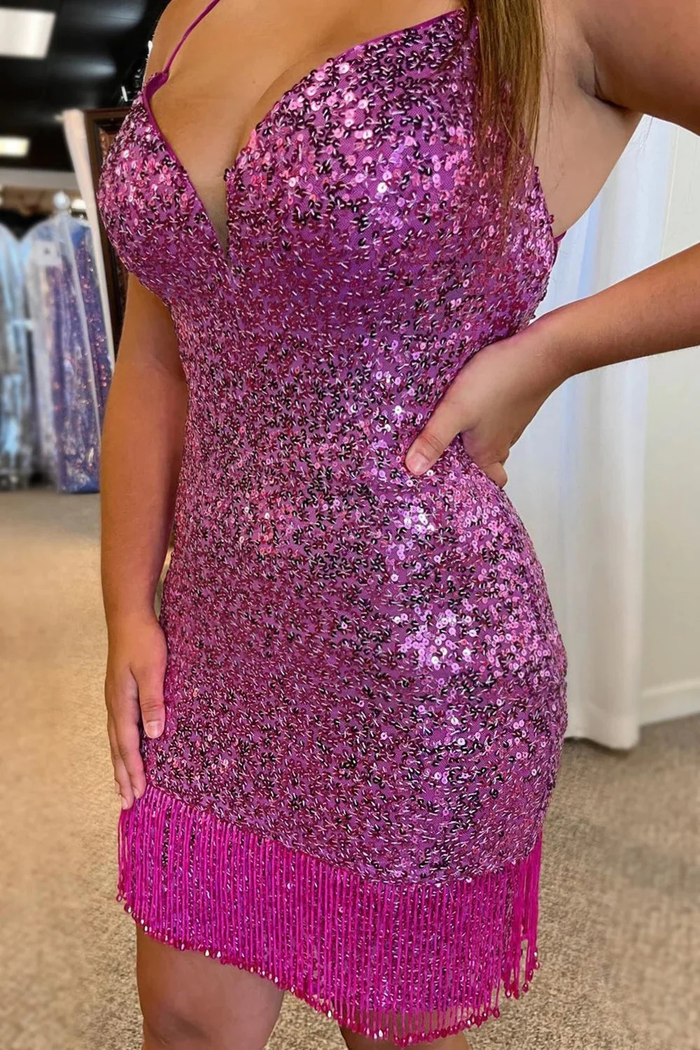 Red Sequins V Neck Tight Homecoming Dress with Fringes