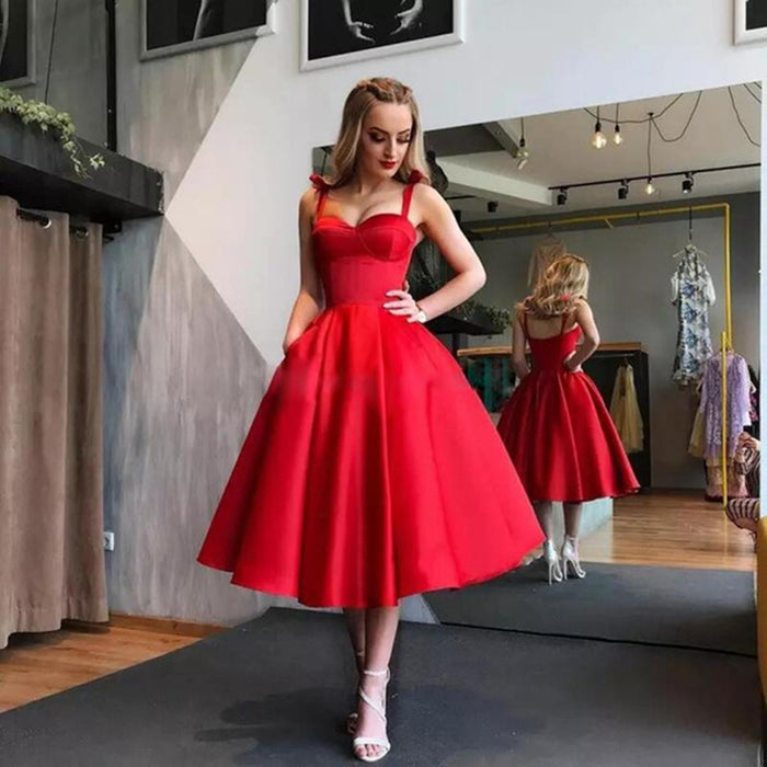 Red Sweetheart Neck Tea Length Prom Gown with Pocket, Red Tea Length Formal Dresses, Red Evening Dresses