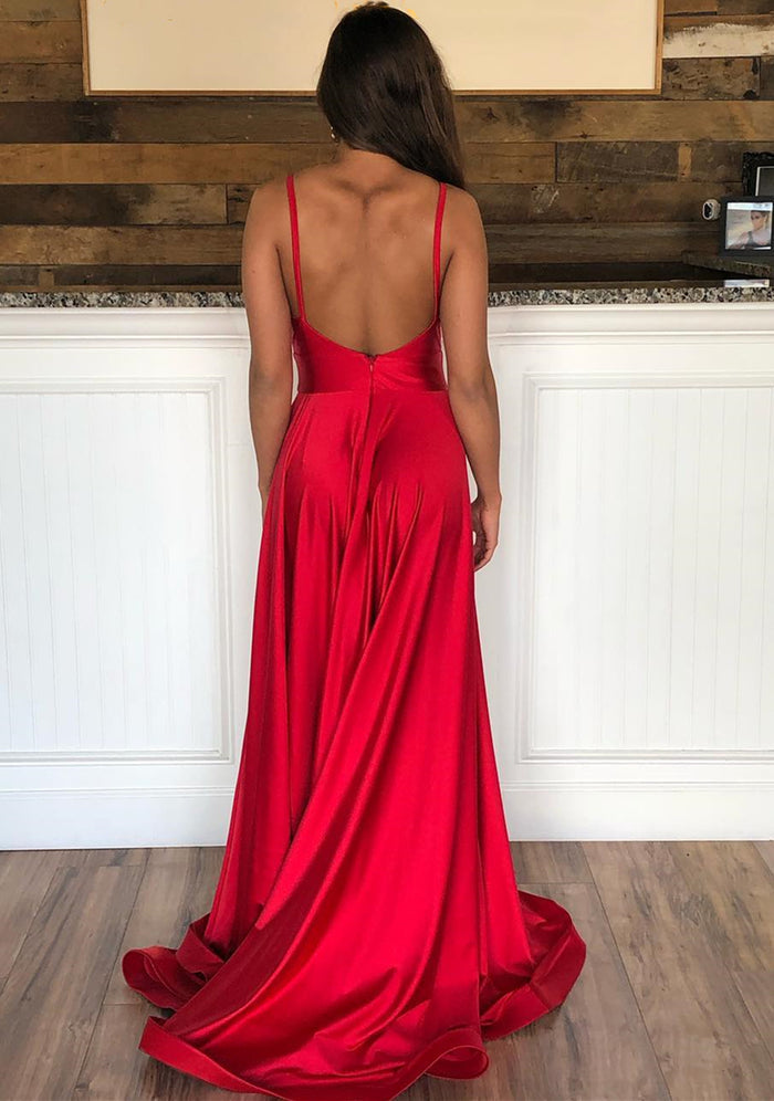 Red V Neck Open Back Long Prom Dresses, Red Backless Formal Graduation Evening Dresses