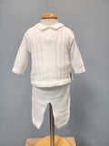 White knit baby boy outfit with long pants.