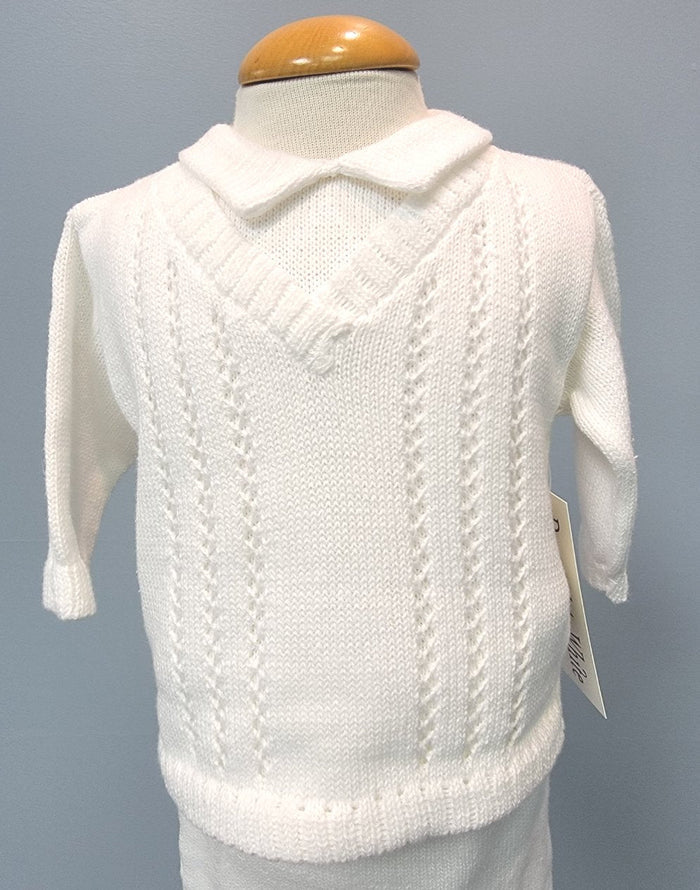 White knit baby boy outfit with long pants.
