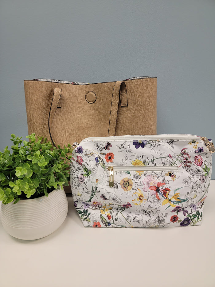 Reversible tote with included pouch.