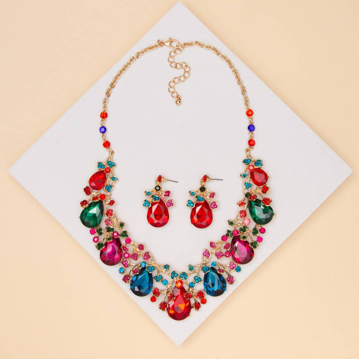 Rhinestone Embellished Teardrop Cut Crystal Necklace Set