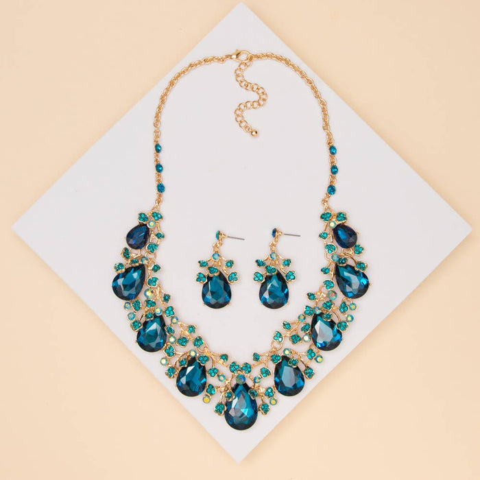 Rhinestone Embellished Teardrop Cut Crystal Necklace Set