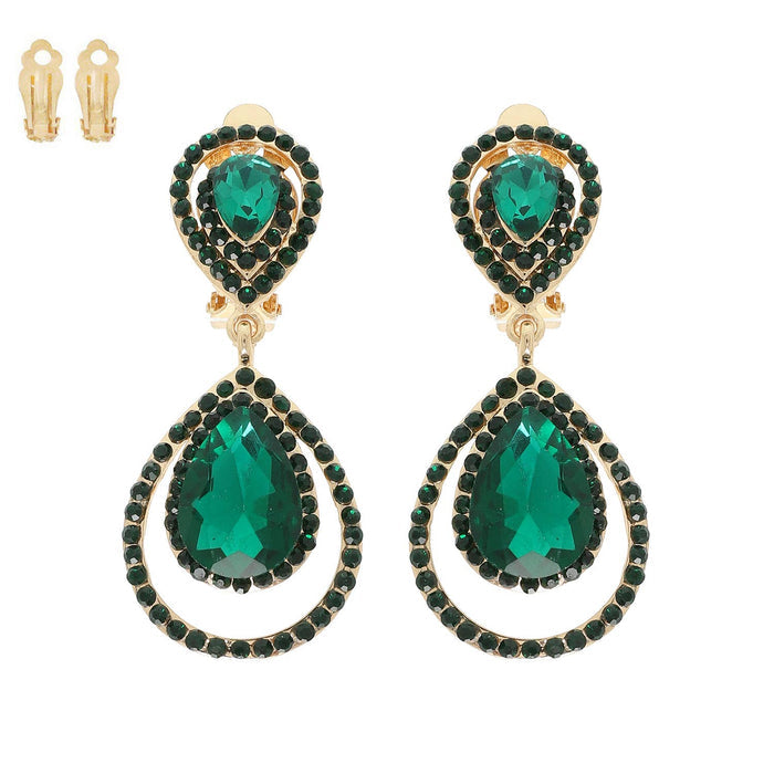 Rhinestone Halo Teardrop Gemstone Clip-On Earrings