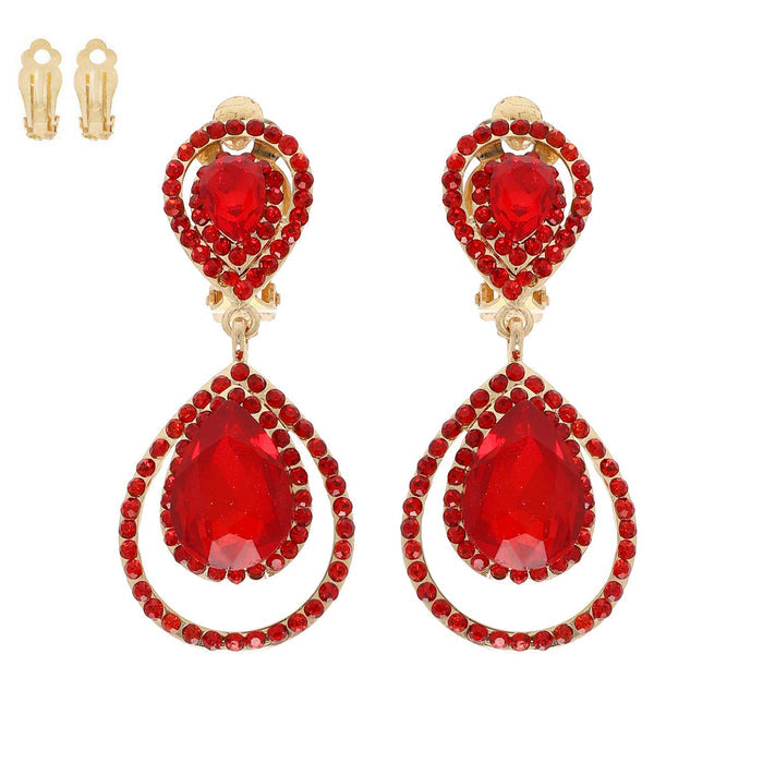 Rhinestone Halo Teardrop Gemstone Clip-On Earrings