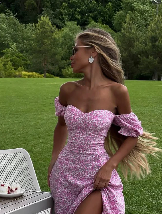 Romantic A Line Off the Shoulder Pink Print Floral Satin Vacation Dress Outfits with Slit