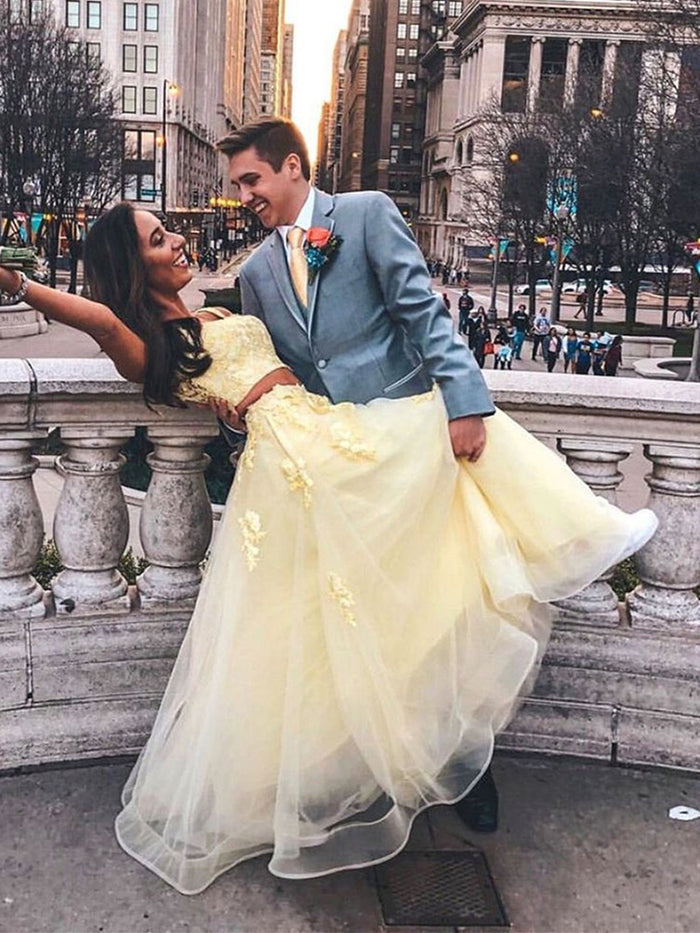 Round Neck 2 Pieces Yellow Lace Prom Dresses, 2 Pieces Yellow Lace Formal Graduation Evening Dress