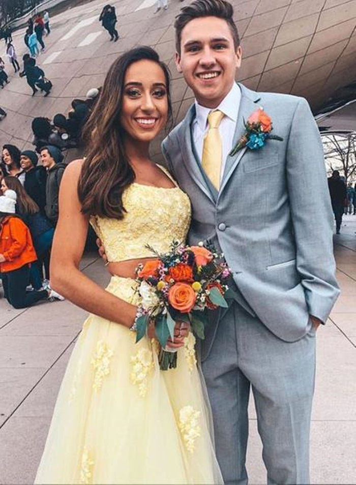 Round Neck 2 Pieces Yellow Lace Prom Dresses, 2 Pieces Yellow Lace Formal Graduation Evening Dress