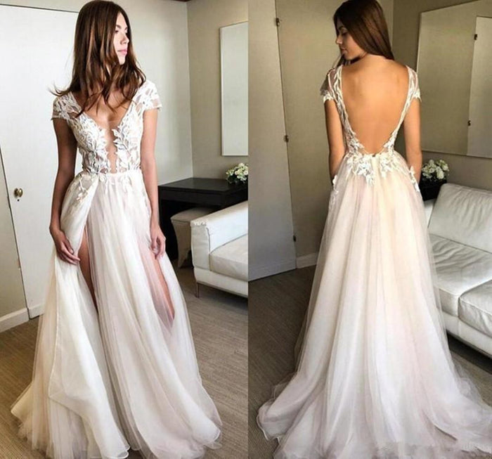 Round Neck Cap Sleeves Backlesss Lace Wedding Dresses, Ivory Backless Lace Prom Dresses Evening Dresses