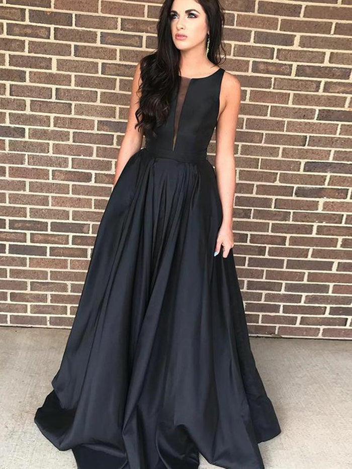 Round Neck Floor Length Black Prom Dresses, Black Formal Graduation Evening Dresses