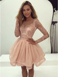 Round Neck Long Sleeves Champagne Lace Prom Dresses, Long Sleeves Champagne Lace Formal Homecoming Dresses
