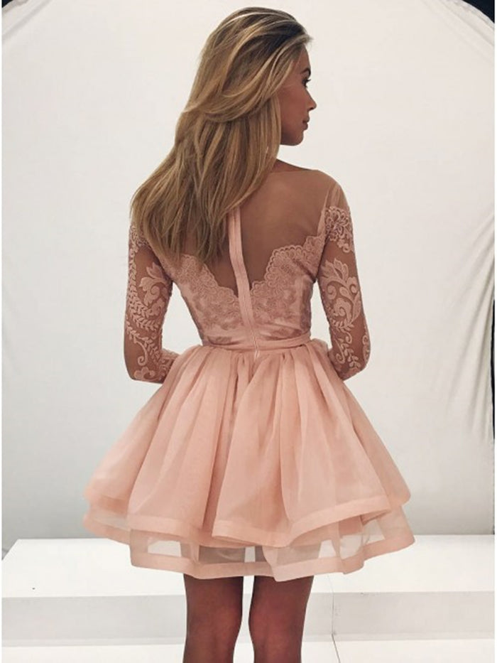 Round Neck Long Sleeves Champagne Lace Prom Dresses, Long Sleeves Champagne Lace Formal Homecoming Dresses