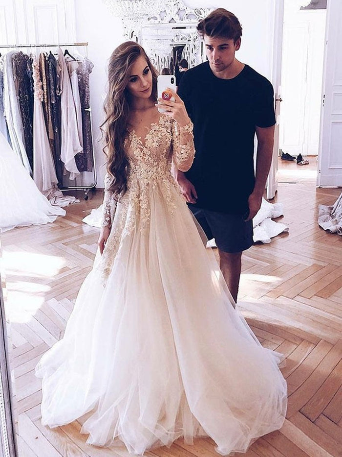 Round Neck Long Sleeves Lace Wedding Dresses, Long Sleeves Lace Prom Formal Graduation Dresses
