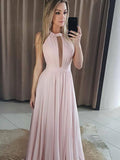 Round Neck Pink Chiffon Prom Dresses Long, Pink Floor Length Bridesmaid Dresses Formal Dresses