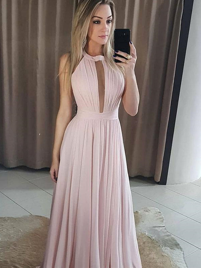 Round Neck Pink Chiffon Prom Dresses Long, Pink Floor Length Bridesmaid Dresses Formal Dresses