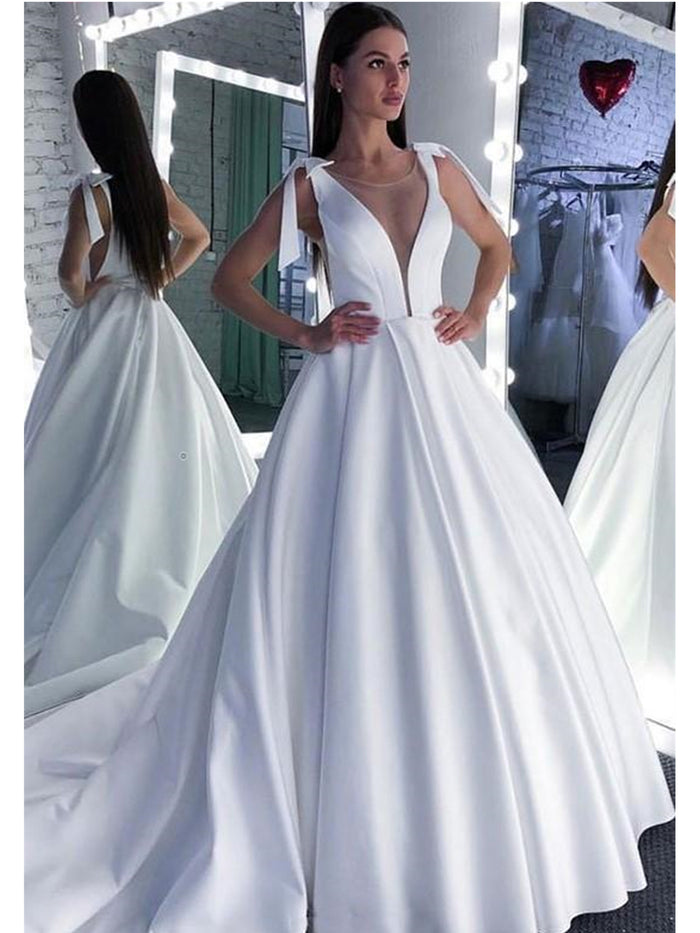 Round Neck White Satin Wedding Dresses with Train, White Satin Prom Dress Evening Dresses