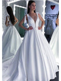 Round Neck White Satin Wedding Dresses with Train, White Satin Prom Dress Evening Dresses
