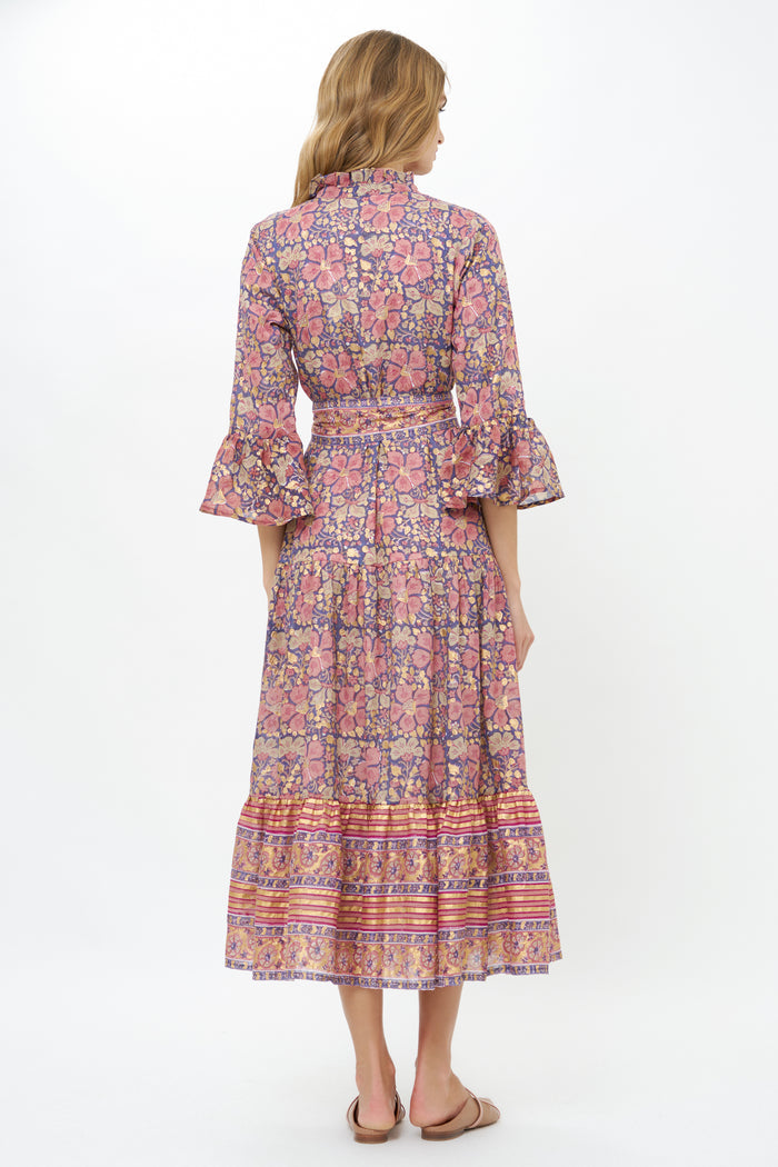 Ruffle Collar Bell Maxi- Matera Navy