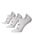 Three white running socks with targeted cushioning, displayed against a white background. The socks are paired with a pair of shoes, which are not shown.
