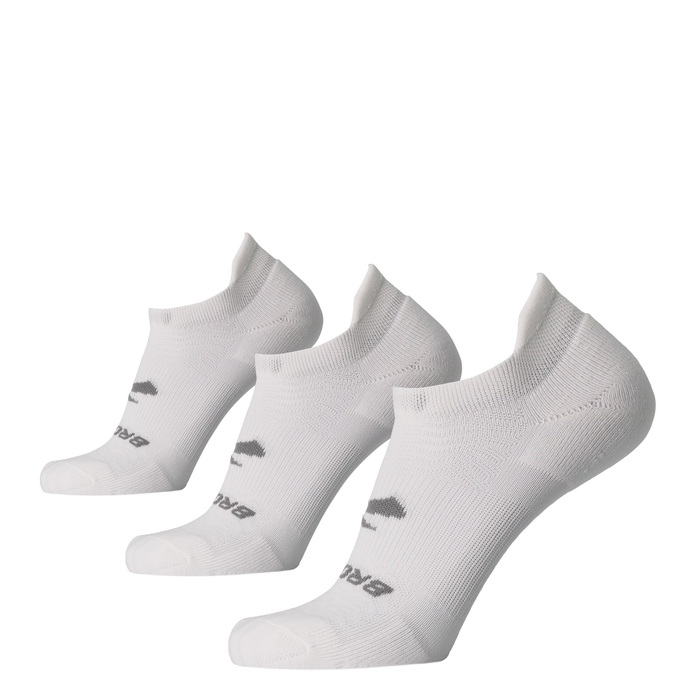 Three white running socks with targeted cushioning, displayed against a white background. The socks are paired with a pair of shoes, which are not shown.