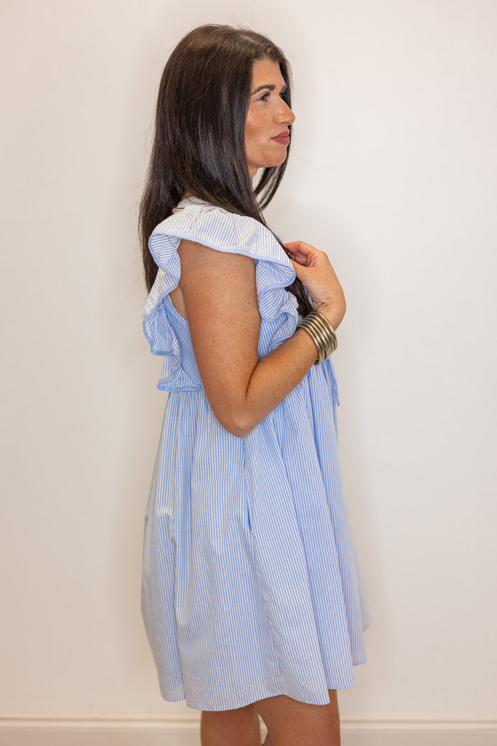 blue white seersucker stripe babydoll dress