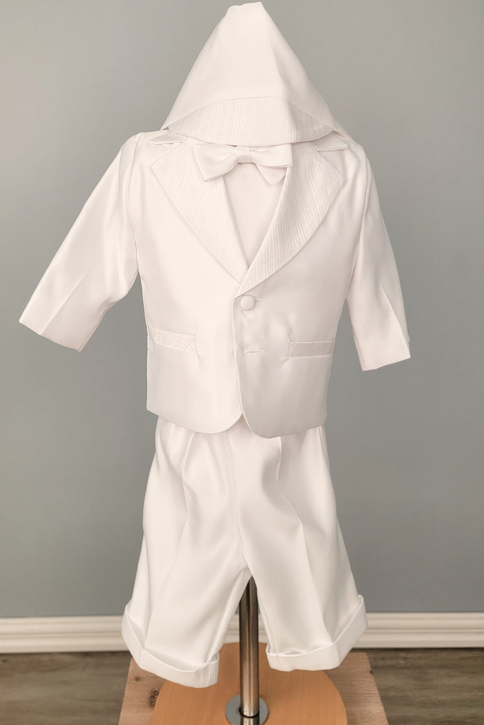 White satin baby boy tux with bonnet.