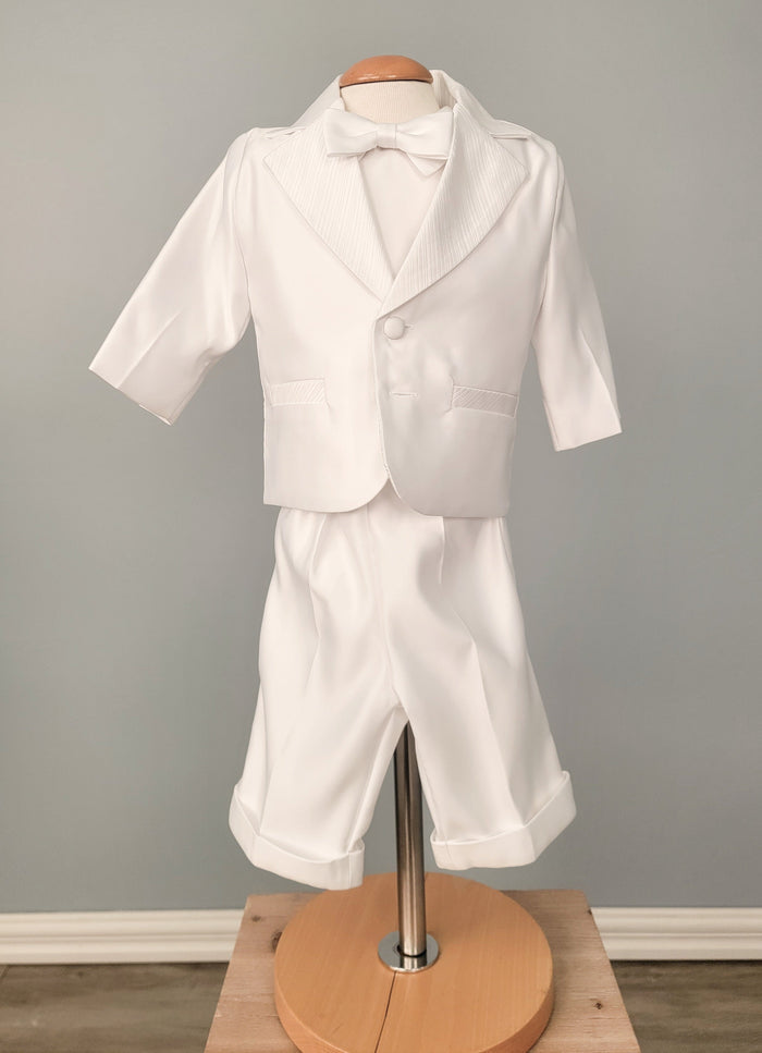 White satin baby boy tux.