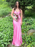 Scoop Neck Pink Sheath Satin Long Prom Dress