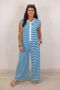 blue white knit stripe wide leg jumpsuit