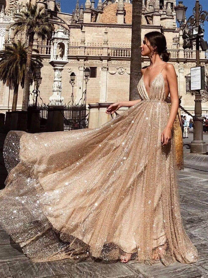 Sexy A Line V Neck Backless Lace Prom Dresses, A Line V Neck Formal Dresses