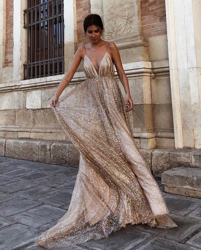Sexy A Line V Neck Backless Lace Prom Dresses, A Line V Neck Formal Dresses