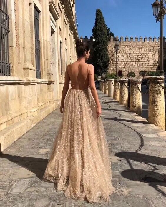 Sexy A Line V Neck Backless Lace Prom Dresses, A Line V Neck Formal Dresses
