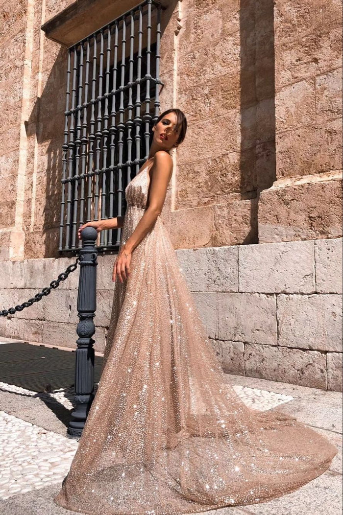 Sexy A Line V Neck Backless Lace Prom Dresses, A Line V Neck Formal Dresses
