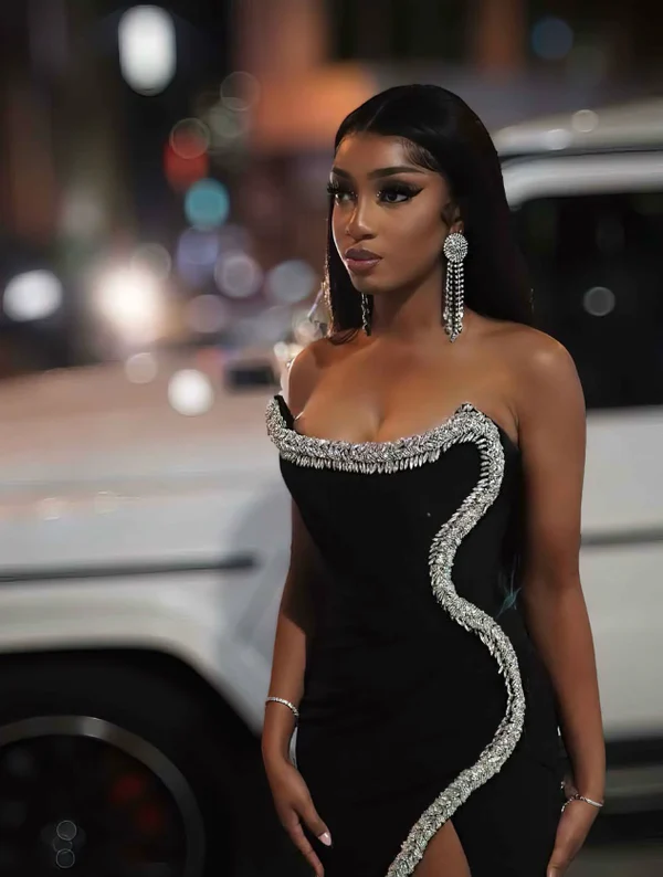 Sexy Black Sheath Strapless Rhinestone Satin Prom Dress Party Dress with Slit
