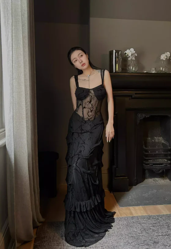 Sexy Black Sheath Straps Lace Chiffon Long Prom Dress Evening Dress