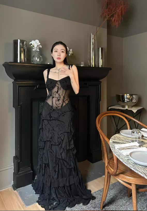 Sexy Black Sheath Straps Lace Chiffon Long Prom Dress Evening Dress