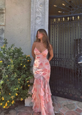 Sexy Pink Mermaid Spaghetti Strap Print Floral Chiffon Prom Dress Party Dress
