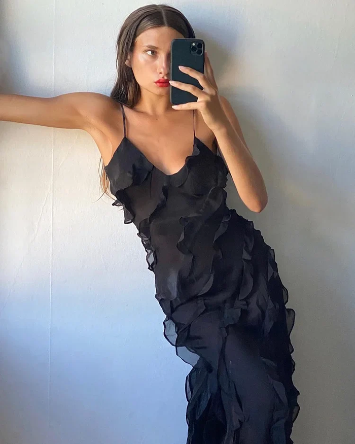 Sexy Spaghetti Straps Backless Sleeveless Ruffled Dress Prom Dresses