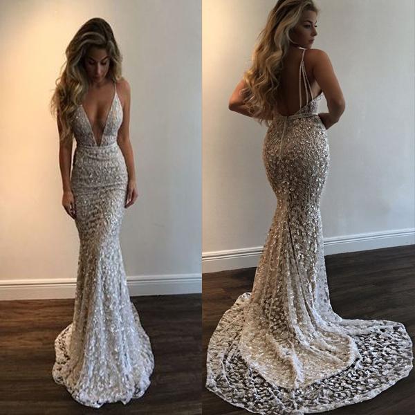 Sexy Trumpet/Mermaid Spaghetti Straps Long Prom Dress, Silver Mermaid Formal/Graduation Dresses