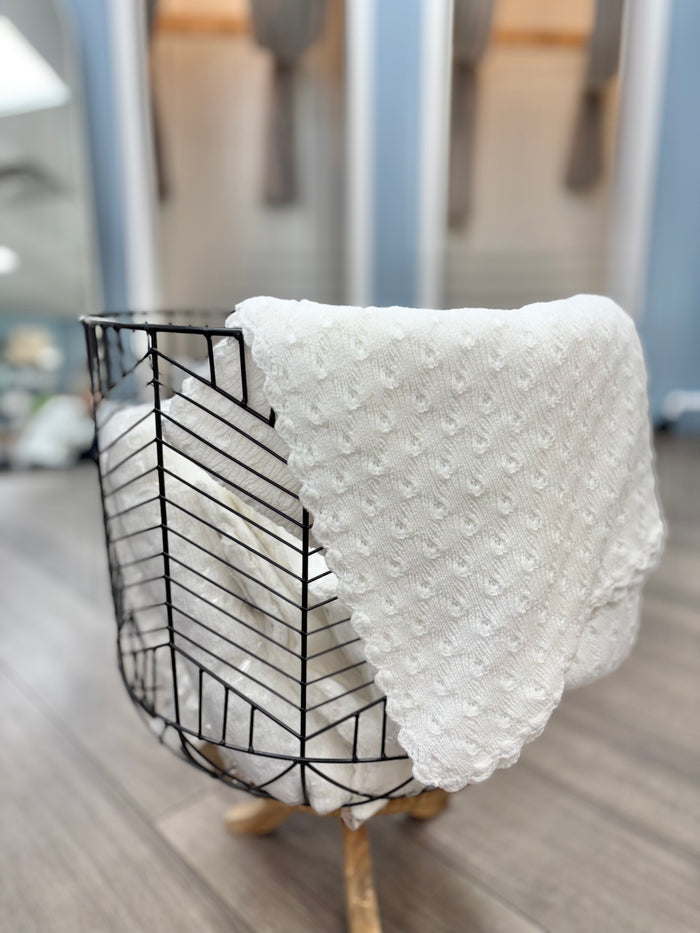 White knit baby blanket in basket.