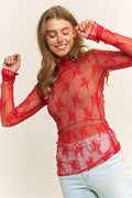 sheer mesh red lace long sleeve top