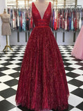 Shiny A Line V Neck Burgundy Prom Dresses, Burgundy V Neck Formal Graduation Evening Dresses