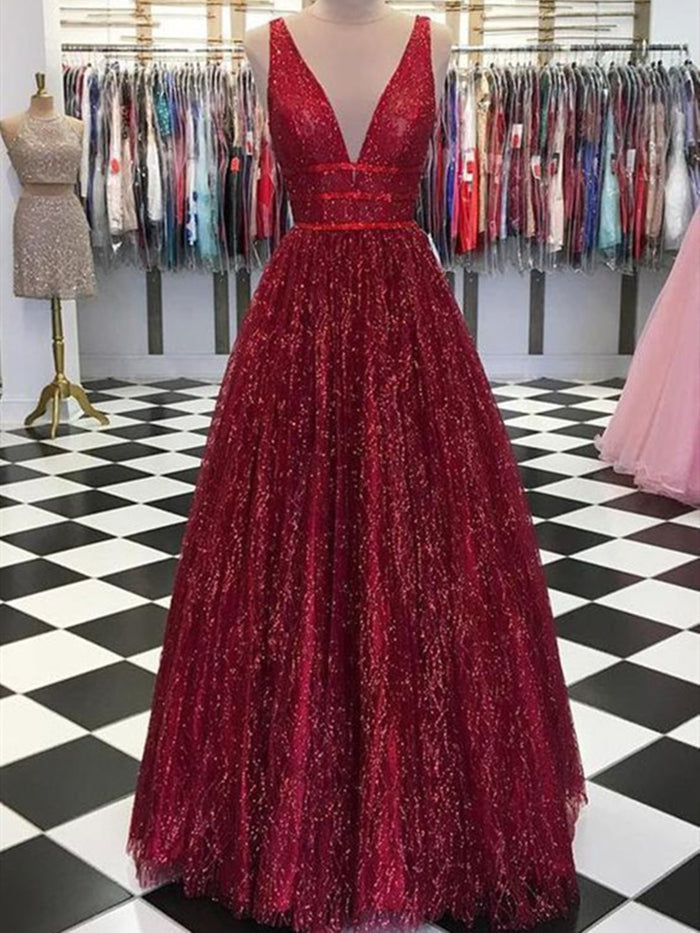 Shiny A Line V Neck Burgundy Prom Dresses, Burgundy V Neck Formal Graduation Evening Dresses